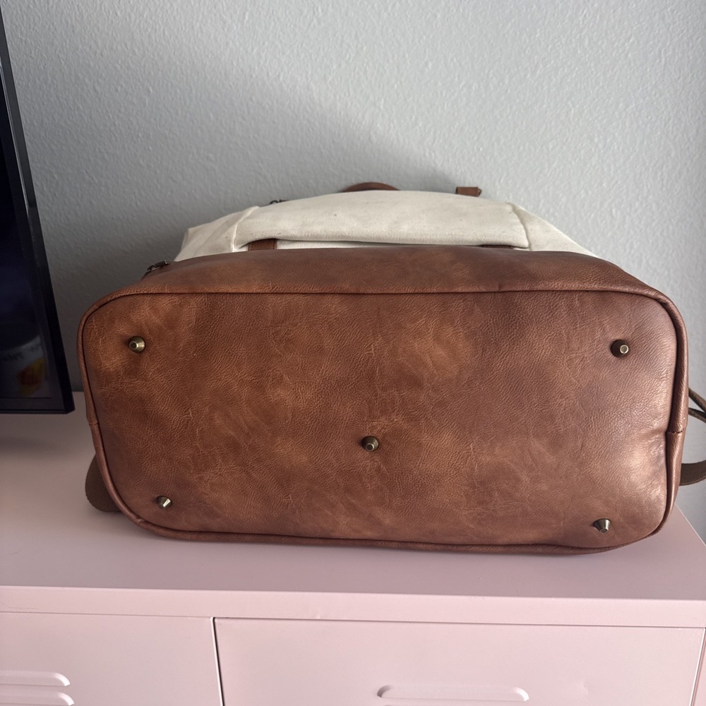 Canvas Weekender Carry-on Duffle Bag Cream/Brown Shoe Compartment/Laptop Sleeve - Picture 4 of 9